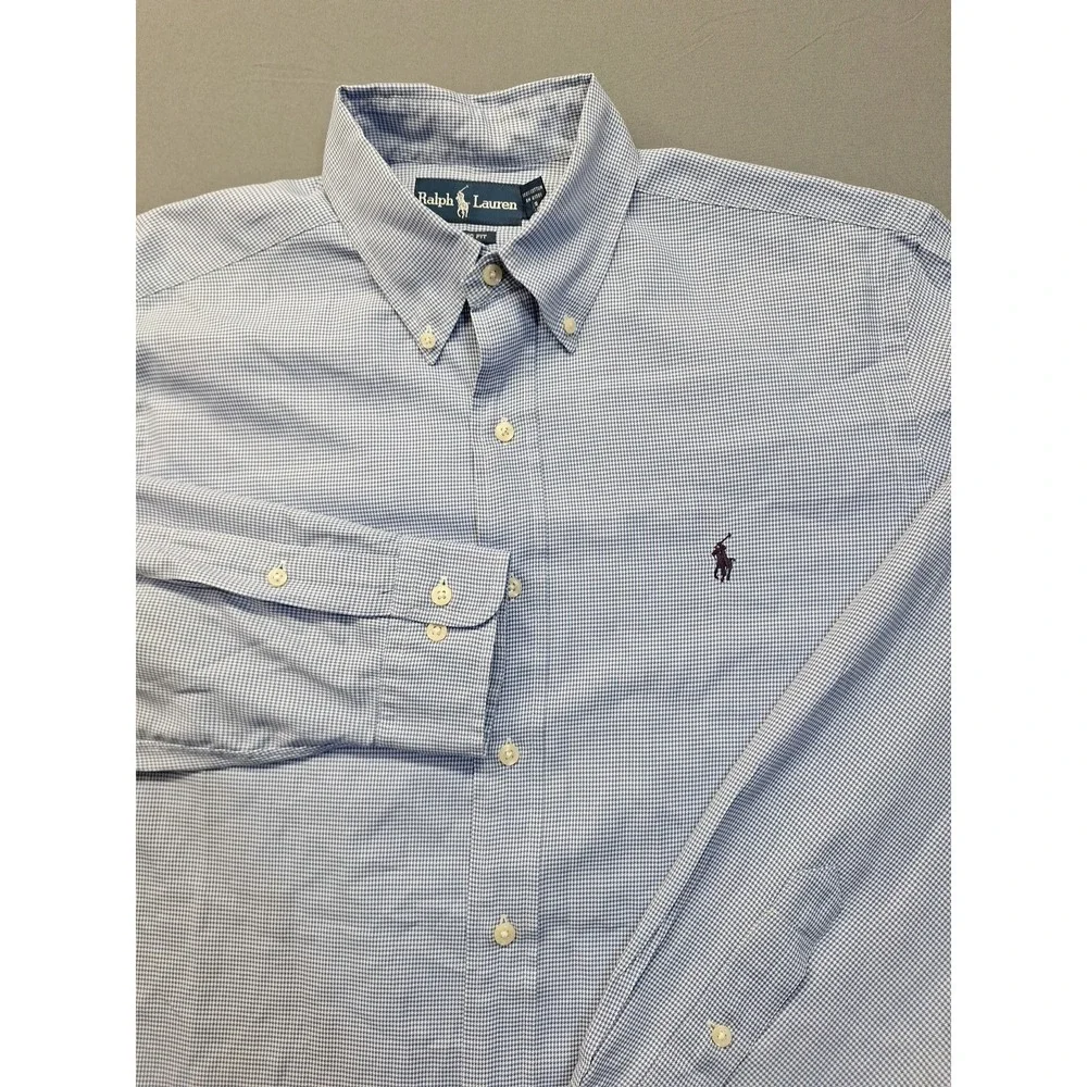 Polo Ralph Lauren Mens Classic Fit Blue Houndstooth‎ Large 16 Button Down Preppy